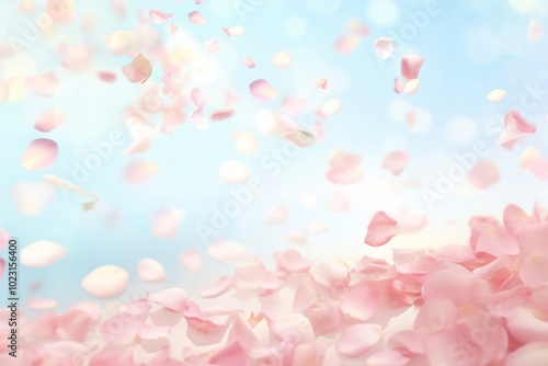 Delicate pastel pink rose petals scattered falling across a white background backgrounds outdoors blossom.