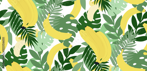 Hand drawn banana leaves and bananas on white background. Seamless pattern of tropical jungle, design for prints.