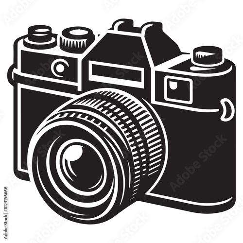 A simple camera icon displayed prominently on a clean white background, symbolizing photography and visual media