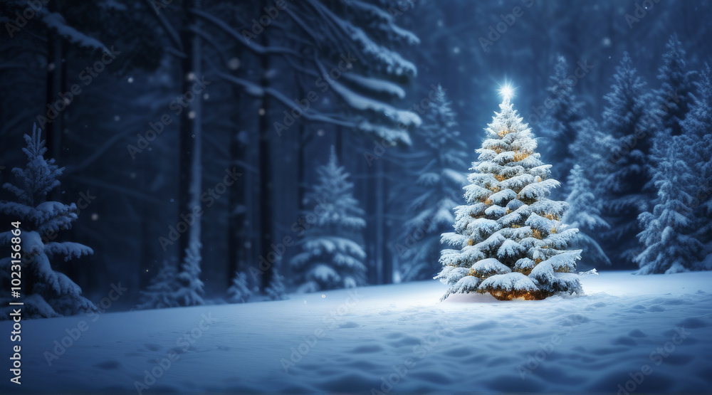 Fototapeta premium a snowy scene with a christmas tree in the snow