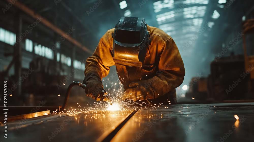 Workers wear a uniform and an industrial mask to prevent sparks from welding iron. Workers wear a uniform and an industrial mask to prevent sparks from welding iron.