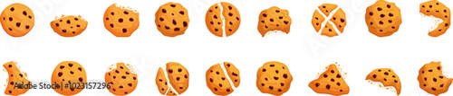 Chocolate chip cookie icons set. Chocolate chips cookies are illustrating the different stages of being eaten, showing a progressive disappearance