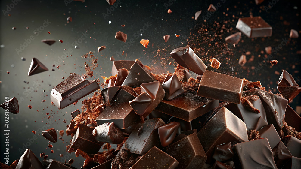 The chocolate pieces are dark and textured, with a mix of larger chunks and fine shavings. The pieces are frozen mid-air, creating a dynamic effect. The rich, dark brown color and slightly glossy surf The chocolate pieces are dark and textured, with a mix of larger chunks and fine shavings. The pieces are frozen mid-air, creating a dynamic effect. The rich, dark brown color and slightly glossy surf