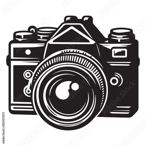 A simple camera icon displayed prominently on a clean white background, symbolizing photography and visual media