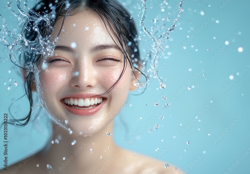 Smiling Woman with Water Splashing on Her Face Smiling Woman with Water Splashing on Her Face