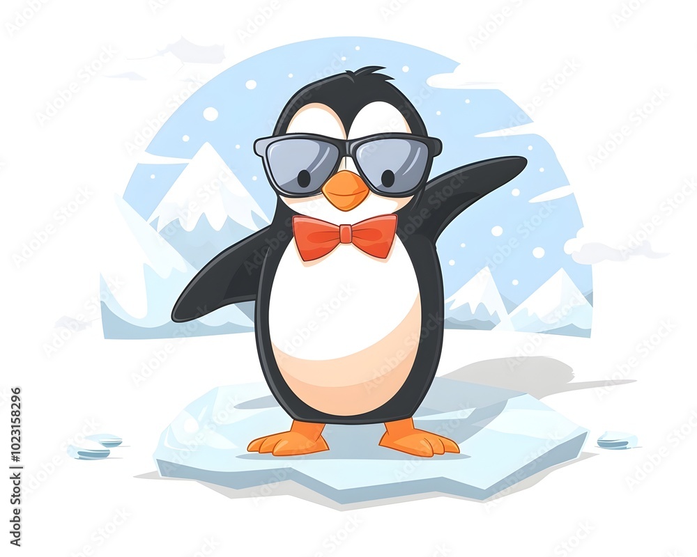 Naklejka premium Stylish Penguin in Sunglasses and Bow Tie Standing on Icy Arctic Landscape