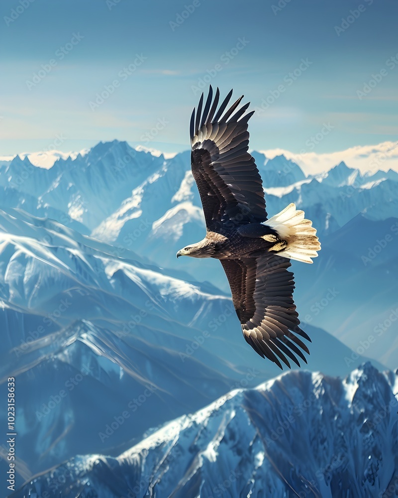 Fototapeta premium Majestic Eagle Soaring Above Snow Capped Mountain Peaks in Clear Blue Sky