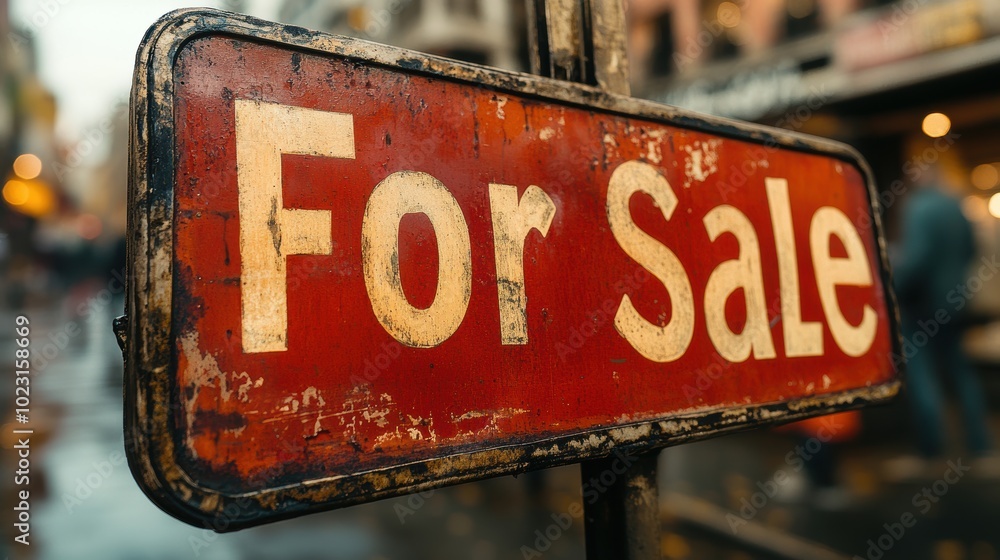 A weathered wooden For Sale sign with white bold letters against a bustling urban street background hinting at potential opportunities and changes A weathered wooden For Sale sign with white bold letters against a bustling urban street background hinting at potential opportunities and changes