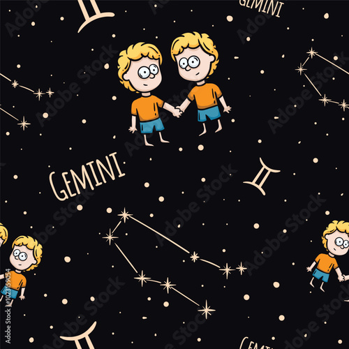 Vector seamless pattern with the zodiac sign Gemini. Astrological theme. Background with starry sky and constellation for wrapping paper, gift, decoration