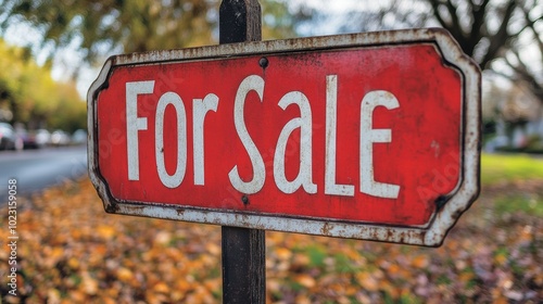 A close-up shot of a weathered, vintage-style For Sale sign with a rustic red background, set along a picturesque street lined with autumn-colored leaves