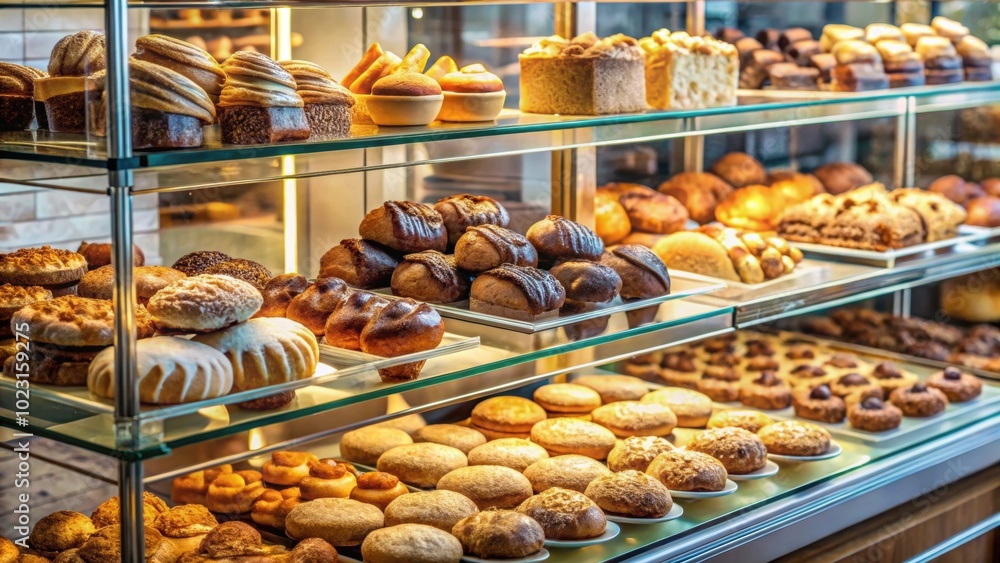 Assorted baked goods displayed in glass case, pastries, bread, cakes, muffins, cookies, croissants, bakery, treats Assorted baked goods displayed in glass case, pastries, bread, cakes, muffins, cookies, croissants, bakery, treats