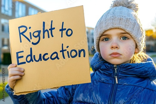 Child holding sign advocating for education rights.