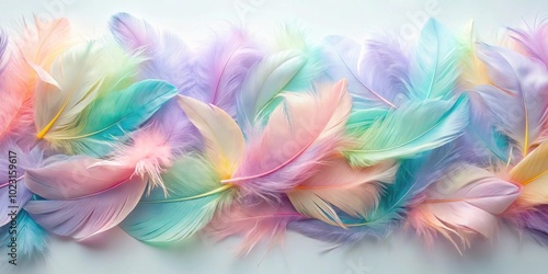 A stunning image of pastel-colored feathers intertwined in a harmonious symphony , pastel, hues, feathers, embrace, delicate