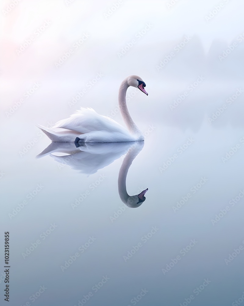 Obraz premium Graceful Swan Gliding Across Mirrored Lake at Dusk Embodying Beauty and Tranquility