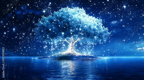 A luminous, mystical tree glows with shimmering lights under a starry night sky, reflecting on the serene waters below. Looping 4k video animation background
