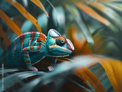 Chameleon Blending Into Vibrant Tropical Foliage Showcasing Nature s Incredible Adaptability photo