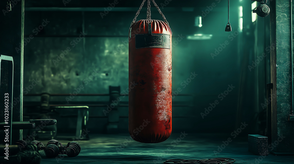 A punching bag hanging in a boxing gym from the ceiling by strong chains A punching bag hanging in a boxing gym from the ceiling by strong chains