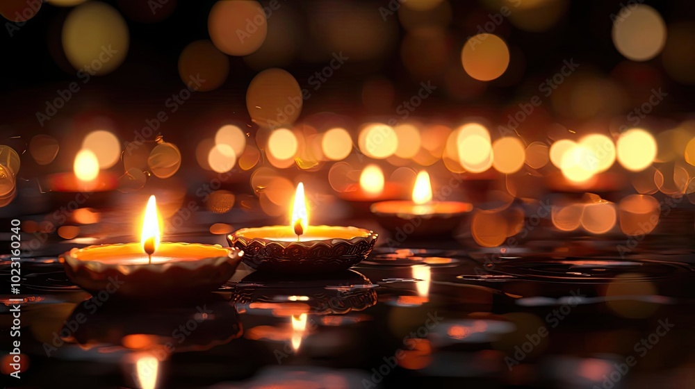 Glowing candles float on water, creating a serene ambiance with soft, shimmering lights in the background. Glowing candles float on water, creating a serene ambiance with soft, shimmering lights in the background.