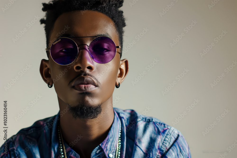 Obraz premium Trendy African male model wearing cool sunglasses and a fashionable blue shirt