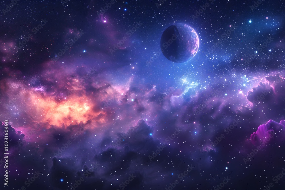A Stunning Cosmic Landscape with a Distant Planet and Colorful Nebulae A Stunning Cosmic Landscape with a Distant Planet and Colorful Nebulae