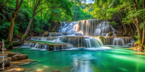 Clear emerald water flowing over rocks in a natural forest garden at Huai Mae Khamin Waterfall in a national park , waterfall, clear photo