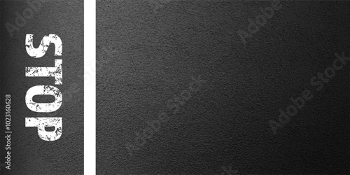 Asphalt road with stop lane marking, concrete highway surface, texture. Street traffic line, road dividing strip. Pattern with grainy structure, grunge stone background. Vector illustration