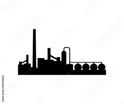 Petrochemical industry silhouette chemical plant logo design. Oil refinery plant form industry petroleum zone. Refinery equipment pipeline steel and oil storage tank vector design and illustration.
