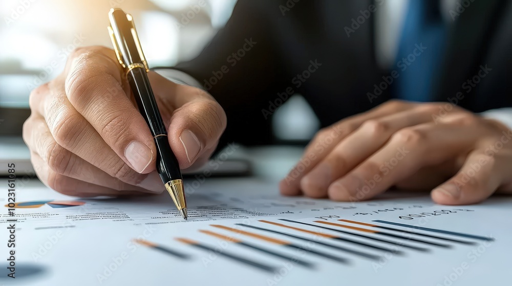 Businessman Analyzing Financial Data with Pen Businessman Analyzing Financial Data with Pen