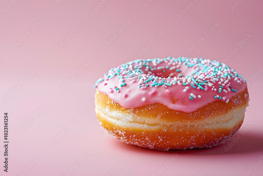 Delicious Pink Frosted Donut with Sprinkles on a Soft Pink Background Delicious Pink Frosted Donut with Sprinkles on a Soft Pink Background