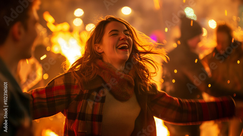 Young woman celebrating around a large bonfire. photo