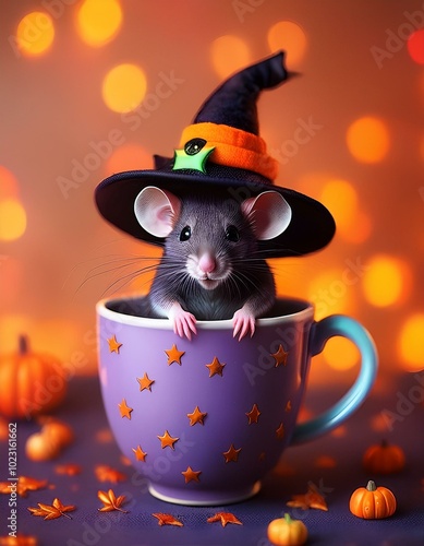 an adorable witch chinchila, wearing a witch hat sitting in a coffee cup, painted with a Halloween theme, the color theme consists of black, purple, orange, and green,  photo