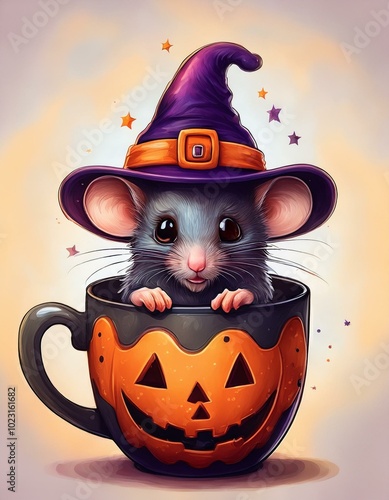 an adorable witch chinchila, wearing a witch hat sitting in a coffee cup, painted with a Halloween theme, the color theme consists of black, purple, orange, and green,  photo