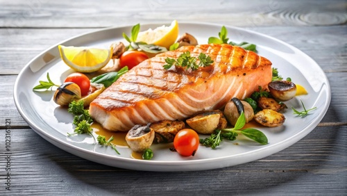 Freshly grilled salmon steak served with a variety of seafood items on a white plate, salmon, steak, seafood, fresh