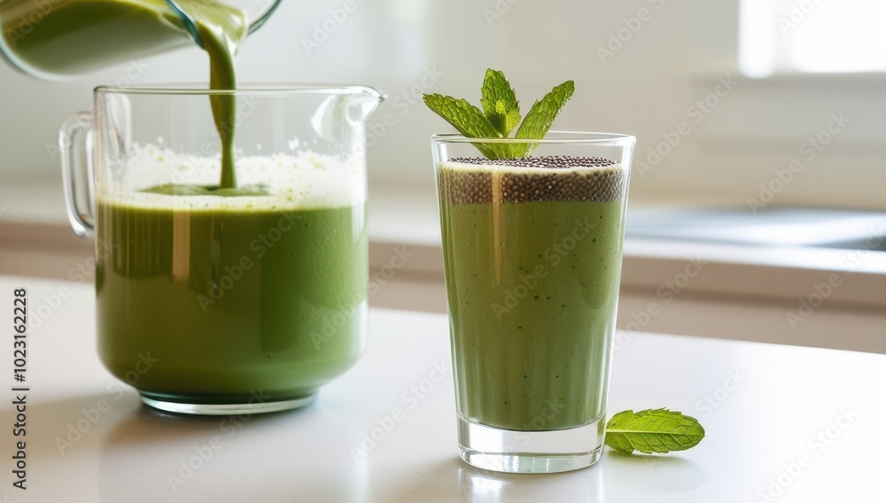 Fototapeta premium A glass of green juice is poured into a pitcher