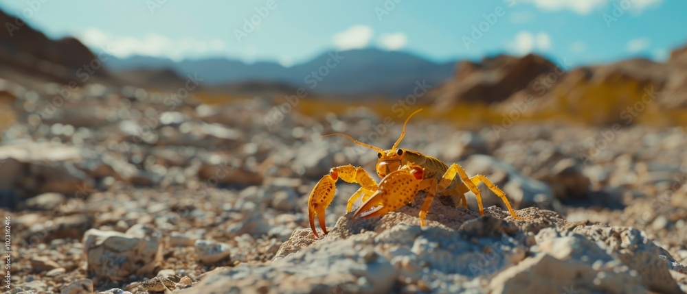 A vibrant yellow crab stands alert on a rocky desert terrain under a clear blue sky, embodying resilience and adaptability in a rugged landscape. A vibrant yellow crab stands alert on a rocky desert terrain under a clear blue sky, embodying resilience and adaptability in a rugged landscape.