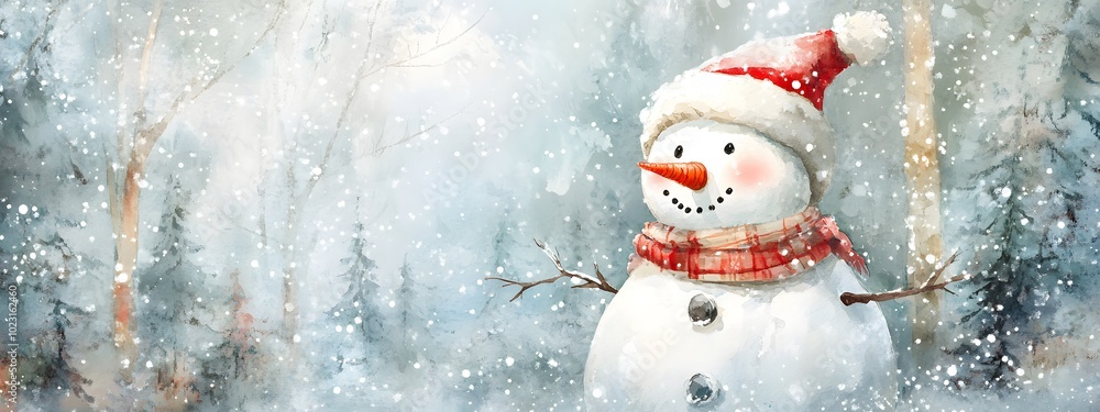 Watercolor snowman clipart, cute and smiling, on a white background, with a winter forest in the background Watercolor snowman clipart, cute and smiling, on a white background, with a winter forest in the background