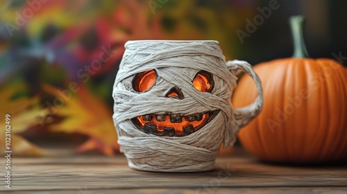 Halloween celebration with a mummy and pumpkin mug photo