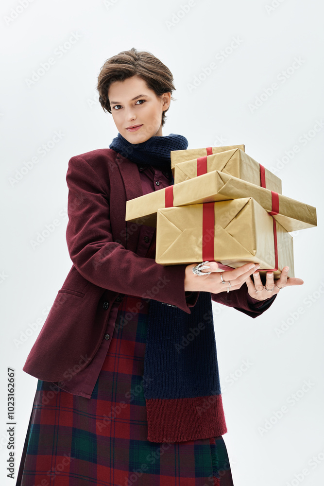 Wrapped in cozy winter fashion, a woman stands confidently with elegant gifts in hand. Wrapped in cozy winter fashion, a woman stands confidently with elegant gifts in hand.