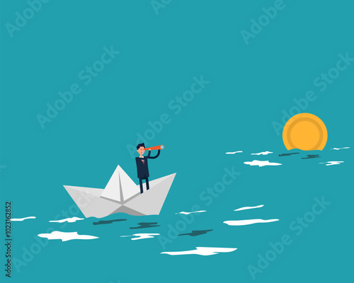 Investor riding the boat using telescope to see far golden money coin