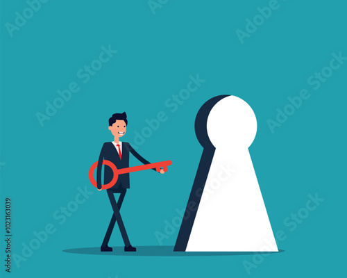 Business person hokding key and walking to unlock keyhole to reach tar get