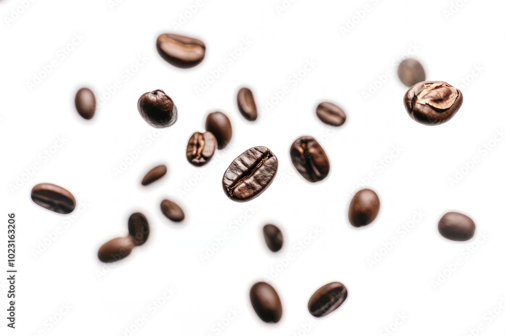Coffee beans floating background isolated white. Coffee beans floating background isolated white.