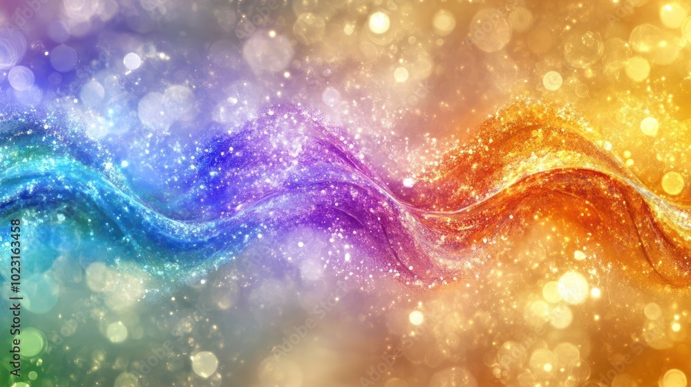 Fototapeta premium A colorful abstract wave of shimmering light and glittering particles.