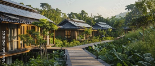 Tranquil wooden pathways wind through lush greenery, connecting serene, solar-paneled eco-cabins amidst vibrant foliage.