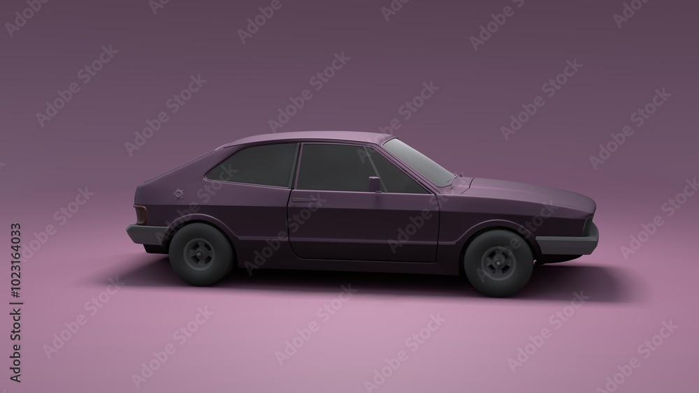 Cool looking old fashion car, side view studio render on violet background. Modern car design. 3d illustration. Cool looking old fashion car, side view studio render on violet background. Modern car design. 3d illustration.