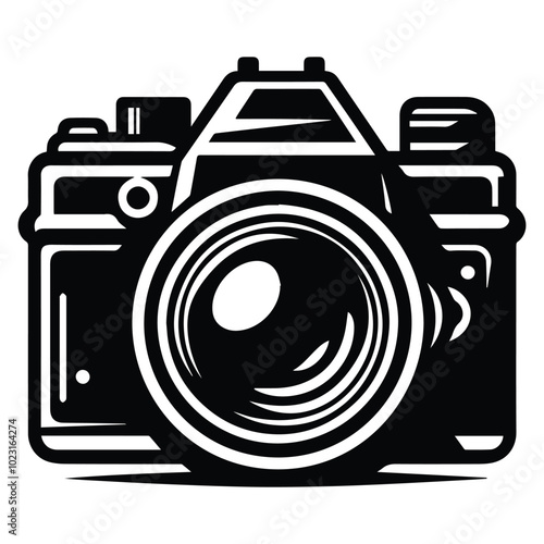 A simple camera icon displayed prominently on a clean white background, symbolizing photography and visual media