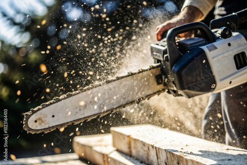 Man operating chainsaw, cutting wood with flying sawdust and sunlight