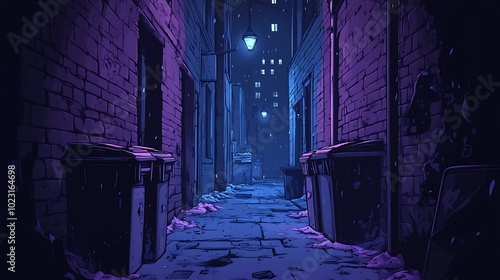 A narrow, dark alleyway in cartoon style, lit by flickering street lamps casting eerie shadows. Mysterious figures peek out from behind trash bins and doorways,
