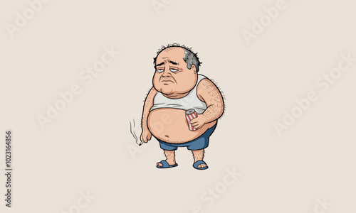 Cartoon overweight man with beer and cigarette standing.