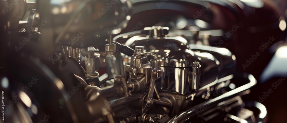 Close-up of polished, intricate engine components gleaming under light, showcasing the engineering marvel of classic machinery. Close-up of polished, intricate engine components gleaming under light, showcasing the engineering marvel of classic machinery.