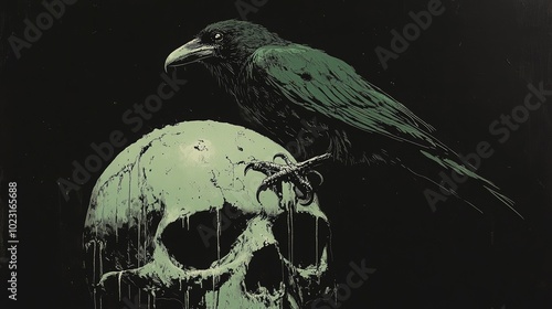 Grim 1980s Pulp Horror Art with Ragged Moldering Zombie Crow Perched on Human Skull, Green on Black Illustration, Evoking Eerie Atmosphere and Decay in Vintage Horror Style. photo